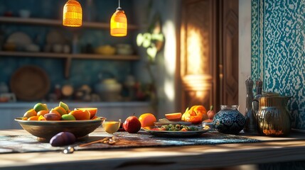 Still life kitchen scene with fruits and decorative elements for home decor and food photography