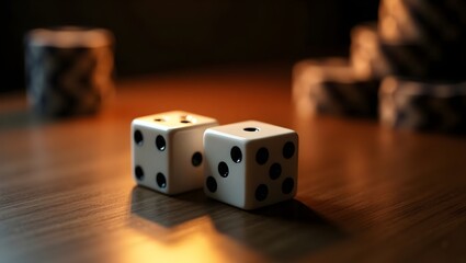 "Two Dice on Wooden Table - Moody Still Life Photography"