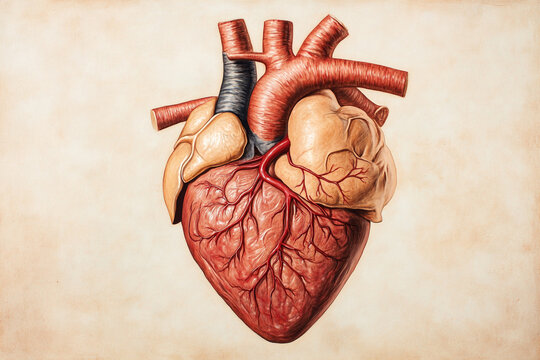 Detailed anatomical illustration of a human heart showing chambers vessels and structure