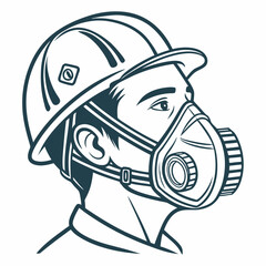 Builder Wearing Safety Helmet And Mask Vector Line Art Illustration Design