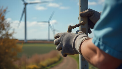 Naklejka premium Wind Turbine Maintenance: Engineer hands working on equipment. Ensuring renewable energy efficiency at a wind farm. Sustainable power technology.
