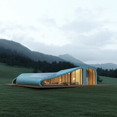 Modern, curved home nestled amongst a tranquil mountain landscape.