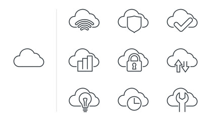 Fototapeta premium Cloud sign interacted with other symbols. Multi-purpose icons in thin line