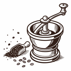 Vintage Coffee Grinder With Scoop And Beans Monochrome Illustration Artwork
