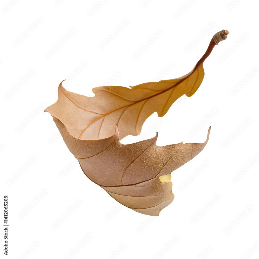 Poster Perfectly isolated dry maple leaf floating on transparent background with clipping path