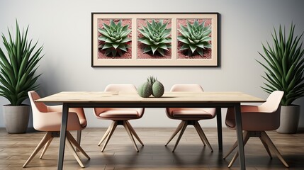 Modern scandinavian interior living room. Three picture frame. Empty wall mockup in white room with wooden floor and lots of dry plants HD 8K wallpaper Photographic Image