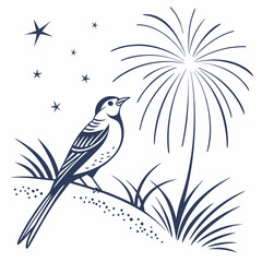 Bird Silhouette On Grass Under Starry Sky With Plant Vector Illustration