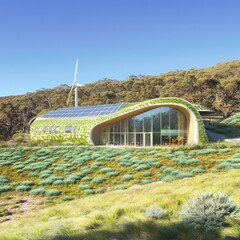 Sustainable building nestled in a hillside landscape.