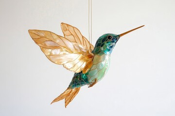 Obraz premium A delicate hummingbird ornament, crafted with gold wire and teal mosaic details, hangs elegantly.