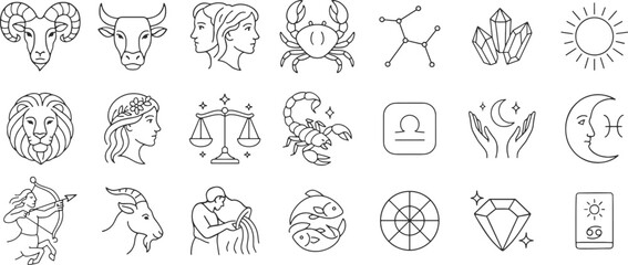 Zodiac line icon set. Vector pictograms of Aries, Taurus, Gemini, Cancer, Leo, zodiac, astrology, horoscope, Virgo, Libra, Scorpio, Sagittarius, Capricorn, Aquarius, Pisces, thin linear illustration.