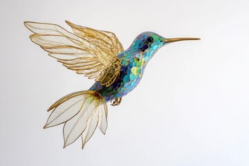 A meticulously crafted hummingbird sculpture with translucent wings and a mosaic-like body, in flight.