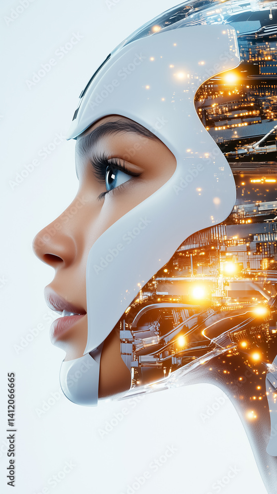 Poster profile view of a captivating human-robot hybrid featuring intricate digital circuitry glowing with 