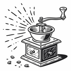 Hand Drawn Illustration Of A Manual Coffee Grinder With Coffee Beans