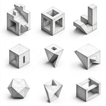 Fototapeta Geometric shapes in isometric projection.  A collection of various 3D forms, rendered in grayscale with intricate details.  Each shape presents a unique combination of planes and voids
