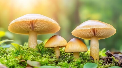 Mushrooms growing on moss in forest with bright sunlit background, nature scene