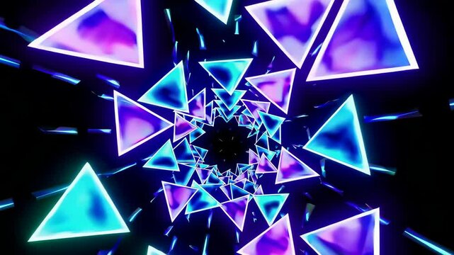 Vivid neon triangles create dynamic kaleidoscope tunnel in futuristic motion