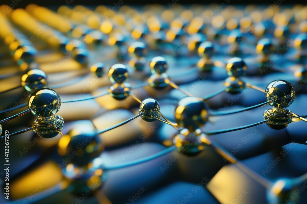Poster close-up view of atomic structure showcasing interconnected particles at a nanoscale level