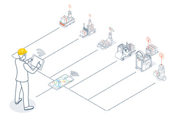 The warehouse worker manages Automated Guided Vehicles (AGVs) and Autonomous Mobile Robots (AMRs) within the warehouse facility using a tablet and wifi device.