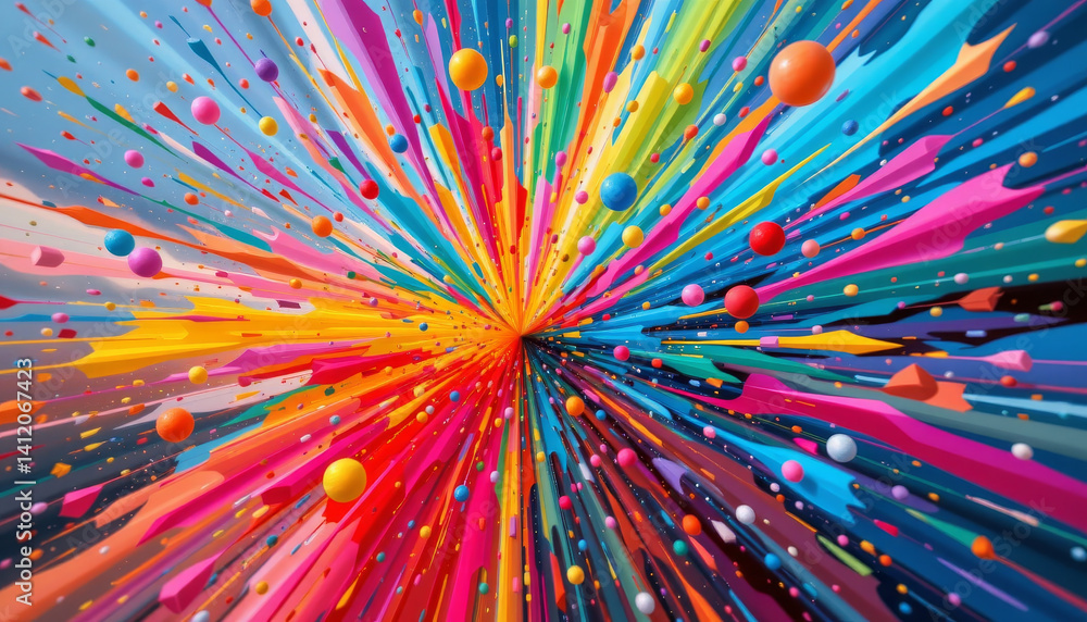 Poster dynamic explosion of colors with vibrant hues and abstract shapes creating lively atmosphere