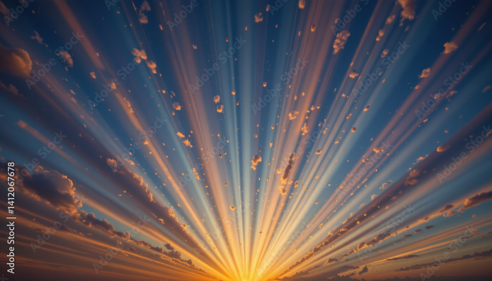 Poster radiant light patterns illuminate sky with vibrant colors and soft clouds