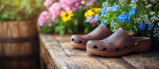 Brown clogs near flowers on wooden bench