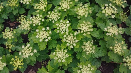 Bright greenery with yellow flowers growing in a garden or field.