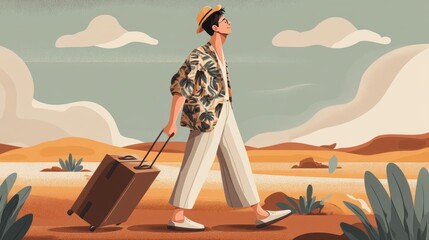 Obraz premium Happy man traveling with cabin suitcase, exploring places. Tourist lifestyle. 