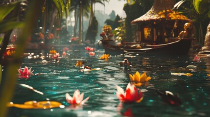 Lush, tropical river scene with miniature structures and flowers.