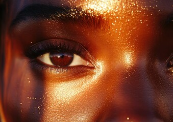 Close-up of a woman's face illuminated with golden light and sparkling glitter details