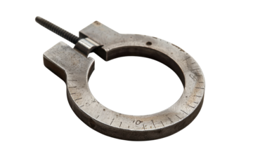 Unique metal measuring tool showcasing precise dimensions on a clean background isolated on transparent background