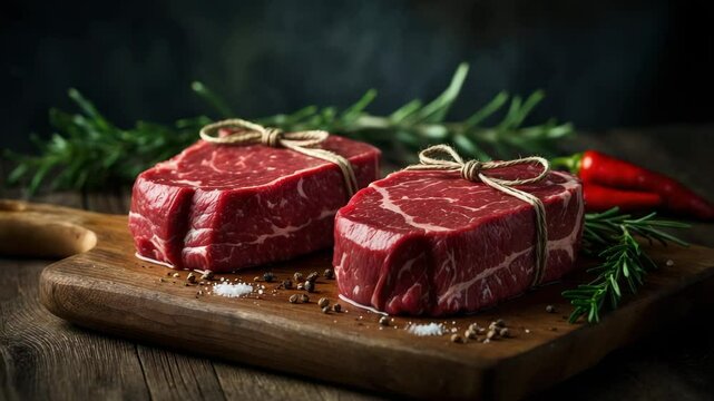 Raw black Angus Filet Mignon steak showcased on a wooden board with salt and pepper, marbled meat.