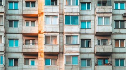 Obraz premium old soviet multi-apartment residential high building with windows and balconies, evening sunlight