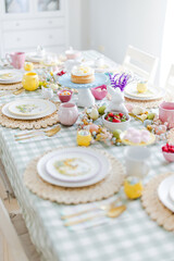 Easter table set up with blue and pink colours