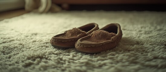 Brown slippers on fluffy rug, home comfort