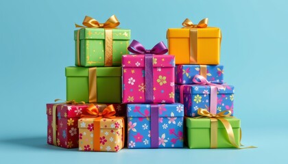 Colorful Gift Boxes Stacked on a Bright Blue Surface for Festive Celebrations and Special Occasions
