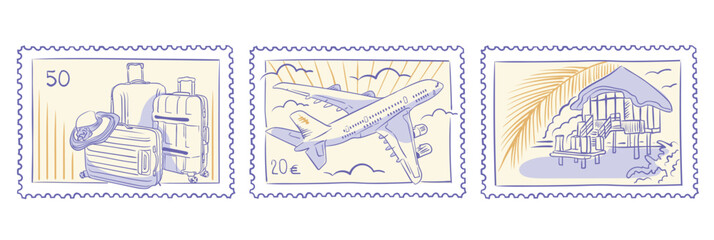 Stamps for stages of travel. Packing suitcases, flying on a plane among clouds. Summer vacation in a bungalow on a tropical beach. Vector set of stickers for suitcase, textile, t-shirts and scrapbook.