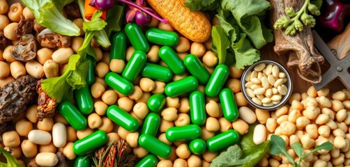 Obraz premium Vibrant green capsules & chickpeas nestled amongst fresh greens and other supplements, green, legume