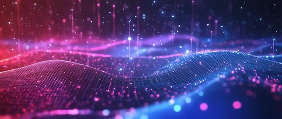 Digital landscape of neon pink and purple grids representing virtual networks and futuristic communication systems
