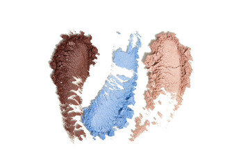 Blue, brown, nude shimmering eye shadow texture smears isolated on white background. Cosmetic product swatch