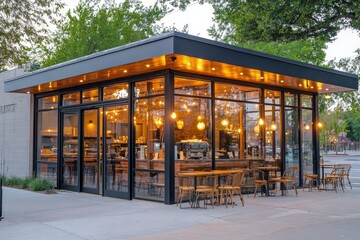 Modern cafe exterior facade with glass windows showcasing interior through glass and outdoor seating