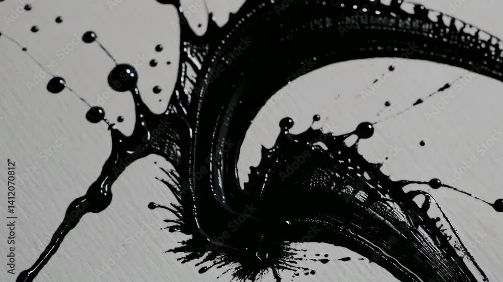 Poster dynamic black ink splashing in slow motion on light canvas background