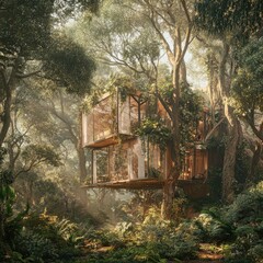 Modern, sustainable dwelling nestled within a lush forest.