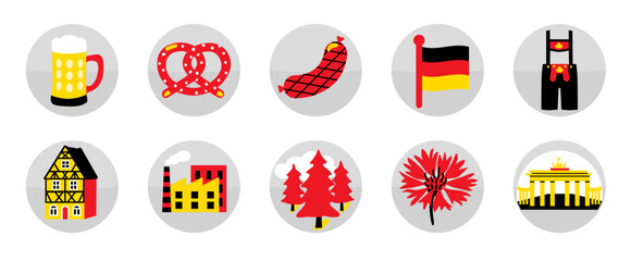 German icon set: beer, pretzel, lederhosen, bratwurst, sausage, flag, forest, factory, cornflower, half-timbered house