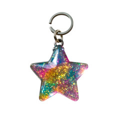 A shimmering rainbow star keychain, bursting with magical glitter, a whimsical accessory perfect for adding a touch of sparkle to everyday life, with a sleek silver keyring.