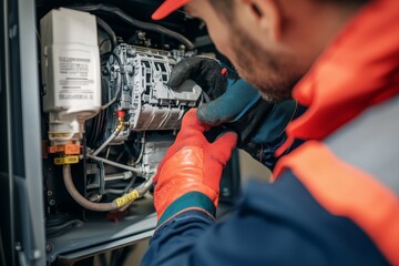 Repairman fixing a broken electric boiler or furnace