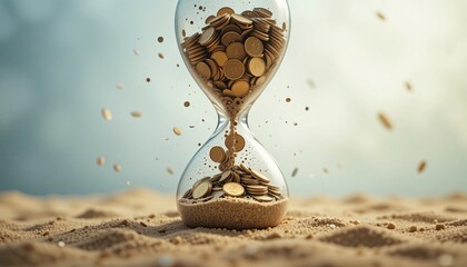 Hourglass with Gold Coins on Sand Time is Money Concept