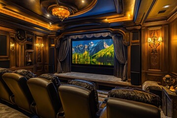 An opulent home theater with plush leather recliners and a massive 8K screen. The soft lighting, rich velvet curtains, and state-of-the-art sound system redefine elite entertainment. A couple enjoys a