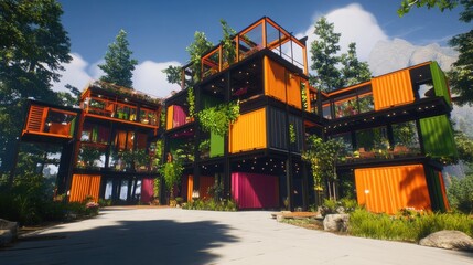 Colorful container homes nestled in a forested area.
