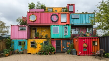 Colorful shipping container housing complex.