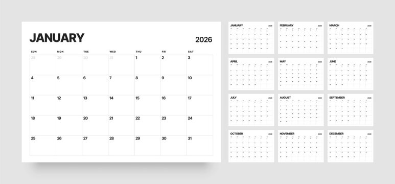 Monthly calendar layout for 2026 year. Diary planner for 2026 year. Week Starts on Sunday. 